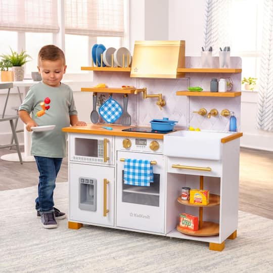 KidKraft Simply Stylish Wooden Play Kitchen Set with Lights, Choppable Food & Accessories